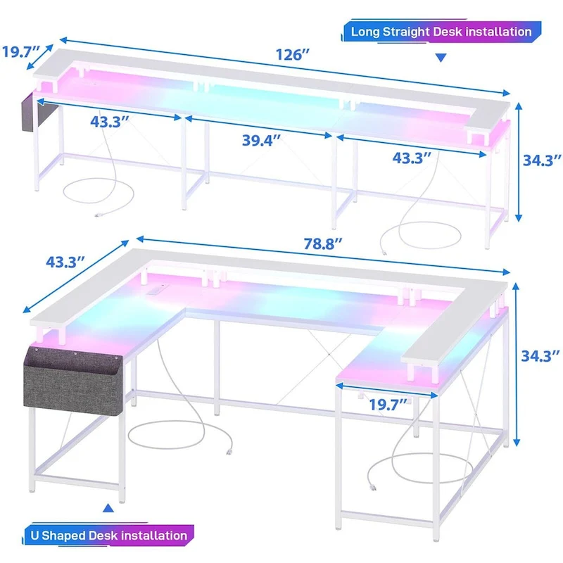 Reversible Shaped Large Computer Desk with Power Outlets
