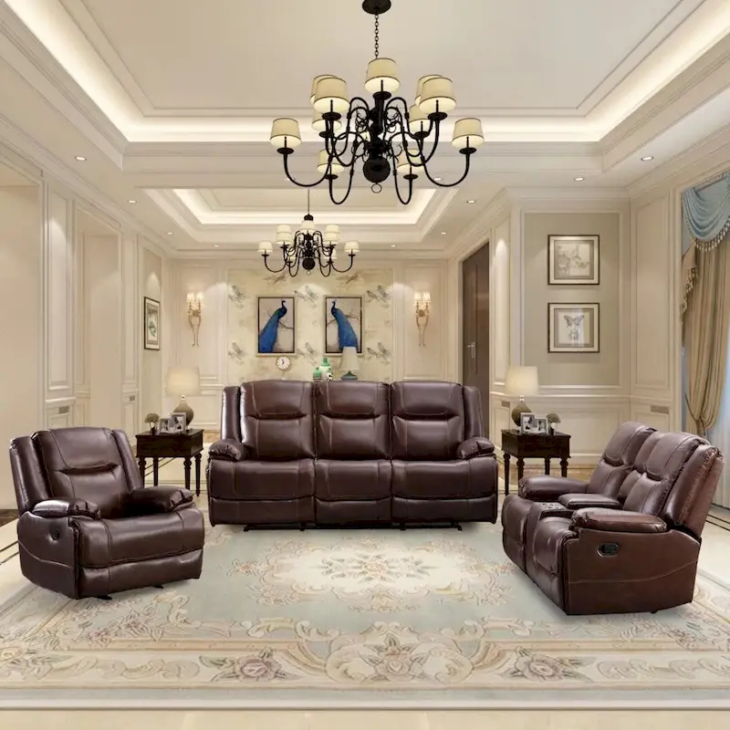 Genuine Leather Mid-century Modern Style Manual Recliners Sofa Set