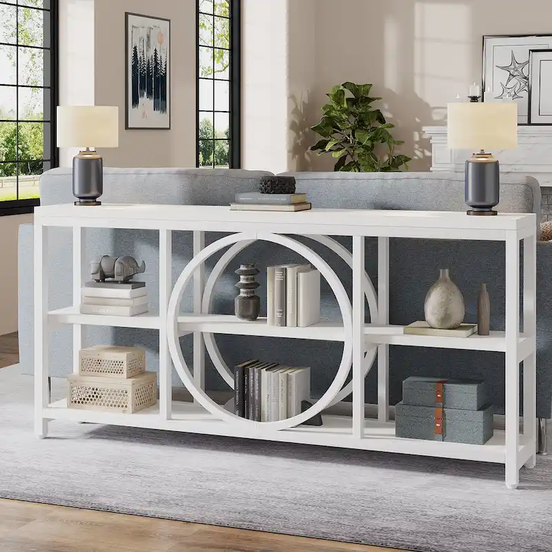 70.9 inch Sofa Console Table with 3 Tier Wood Storage Shelves Industrial Metal Frame for Foyer Hallway Living Room Behind Couch