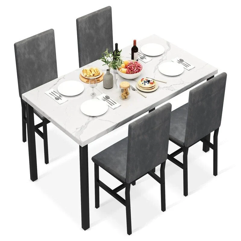 Grondin Modern Style Faux Marble Top 5-Piece Casual Dining Set with 4 Velvet Upholstered Dining Chairs
