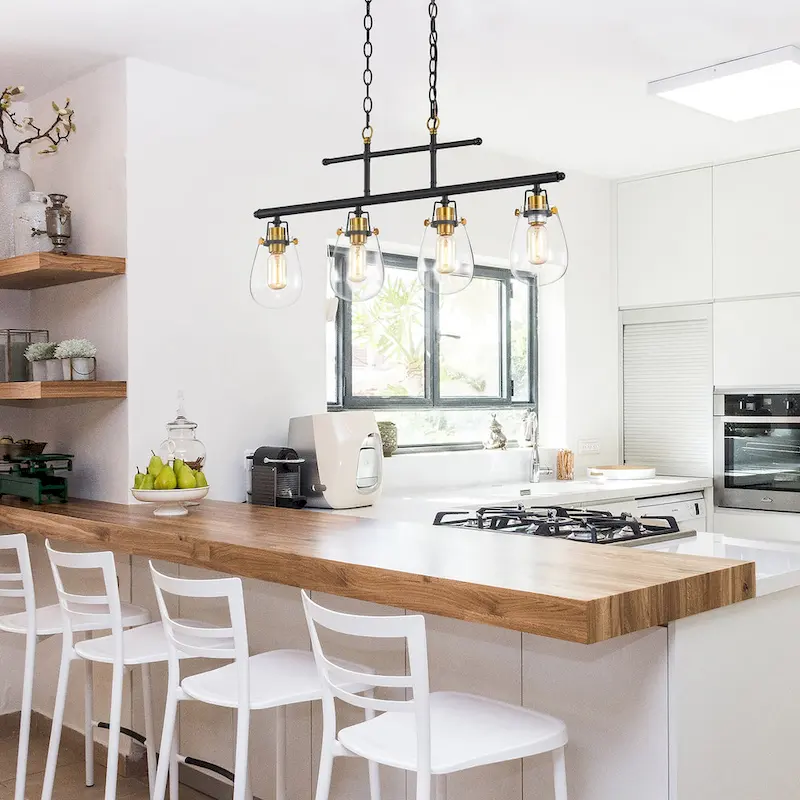 Black and Antique Gold 4- Light Glass Shades Kitchen Island Lighting