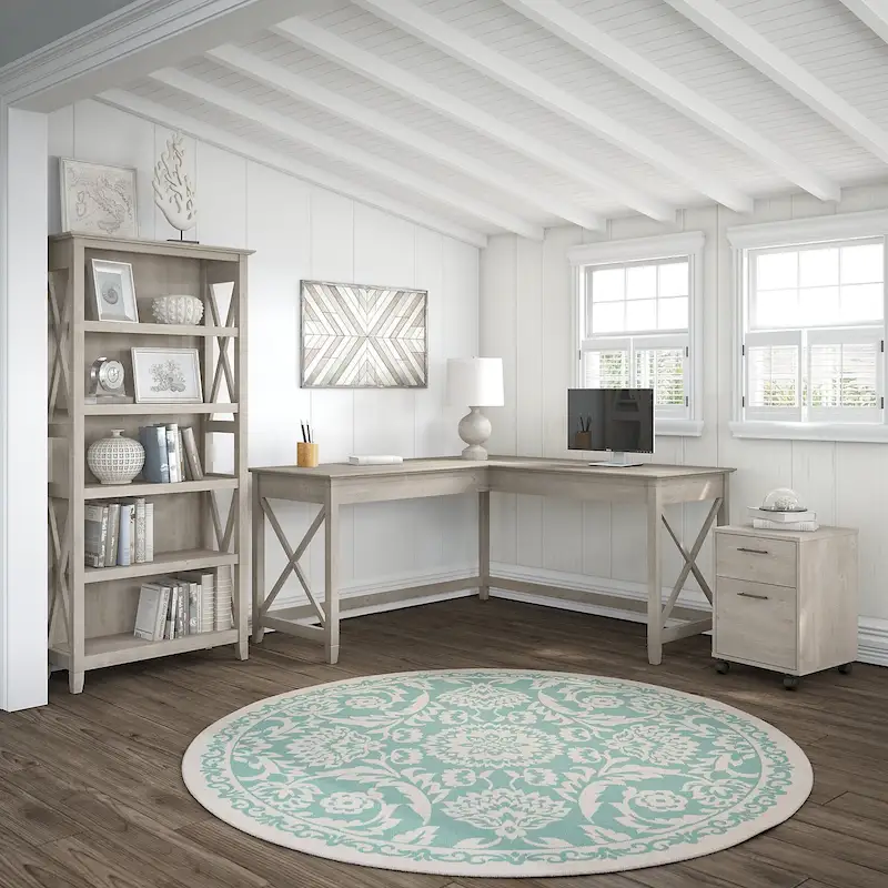 Key West 60W L Desk with File Cabinet and Bookcase by Bush Furniture
