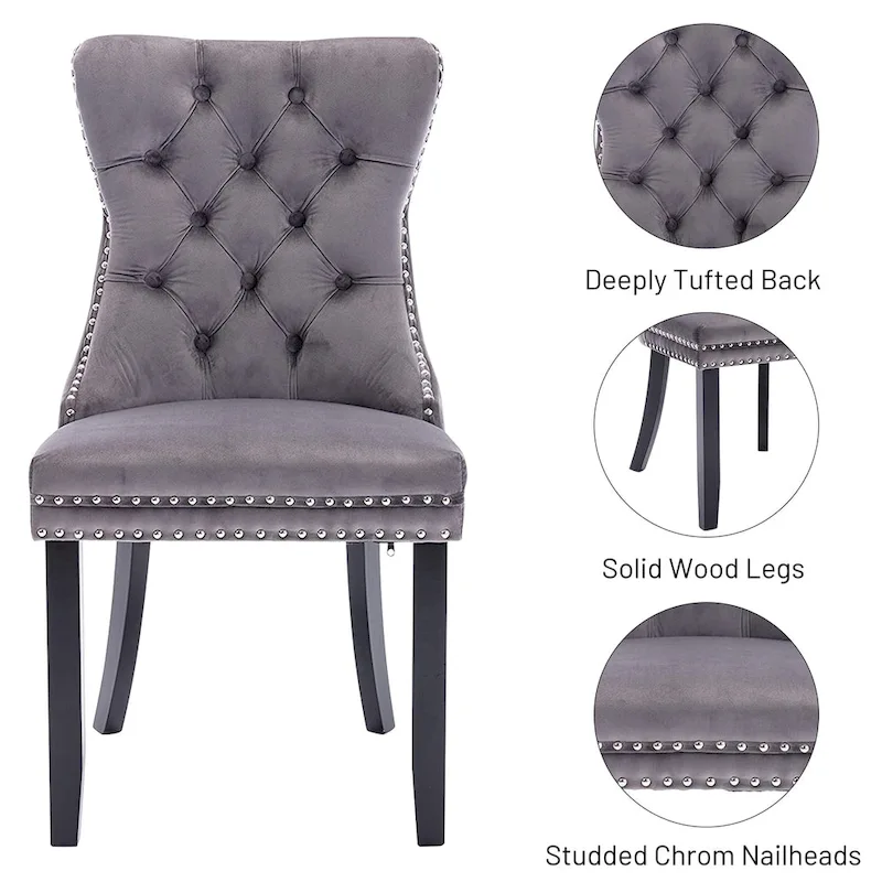Set of 2 Velvet Dining Chairs,Tufted Solid Wood Armless Chairs Accent Chair with Nailhead Trim and Back Ring Pull - N/A