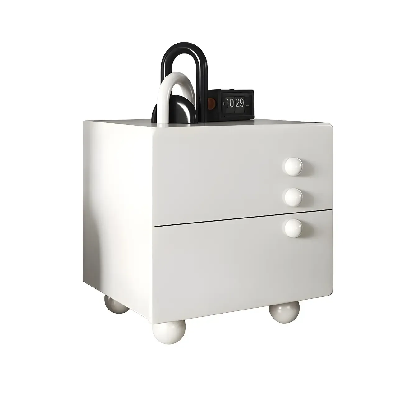White Wood High-Gloss 2-Drawer Nightstand with Sphere Legs