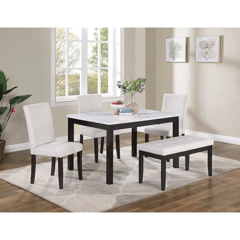 5 Piece Dining Table Set, Kitchen Dinette Set with Faux Marble Top Table, Bench and 3 Faux Leather Cushioned Chairs
