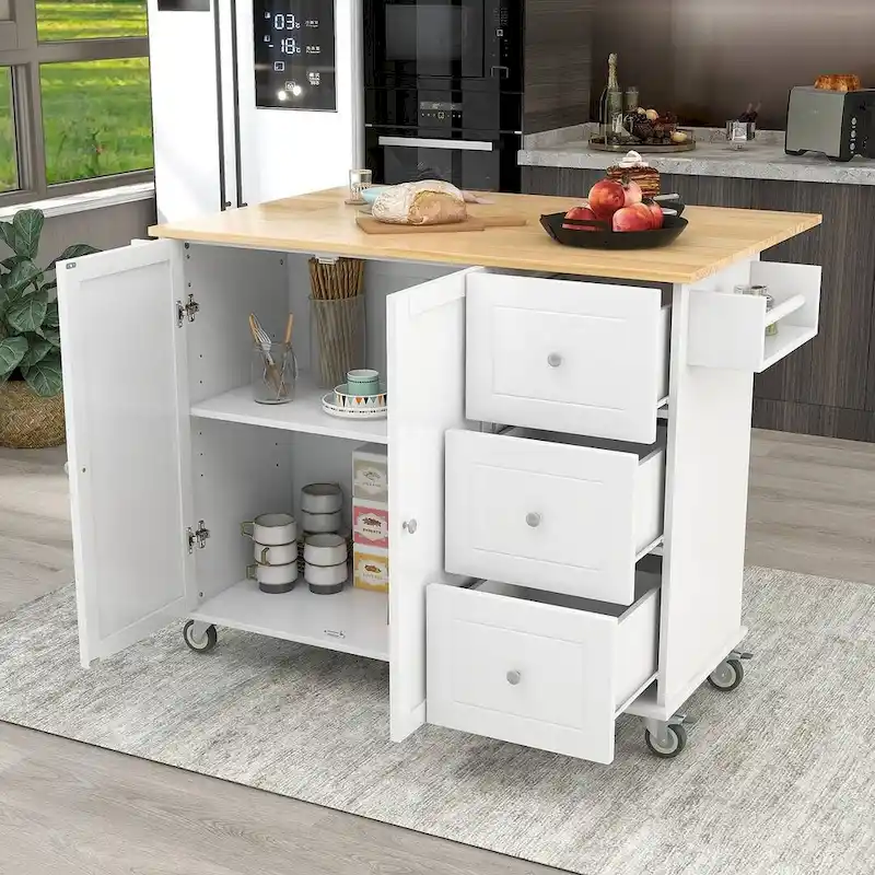 Rolling Mobile Kitchen Island with Wheels Drop Leaf, Solid Wood Top