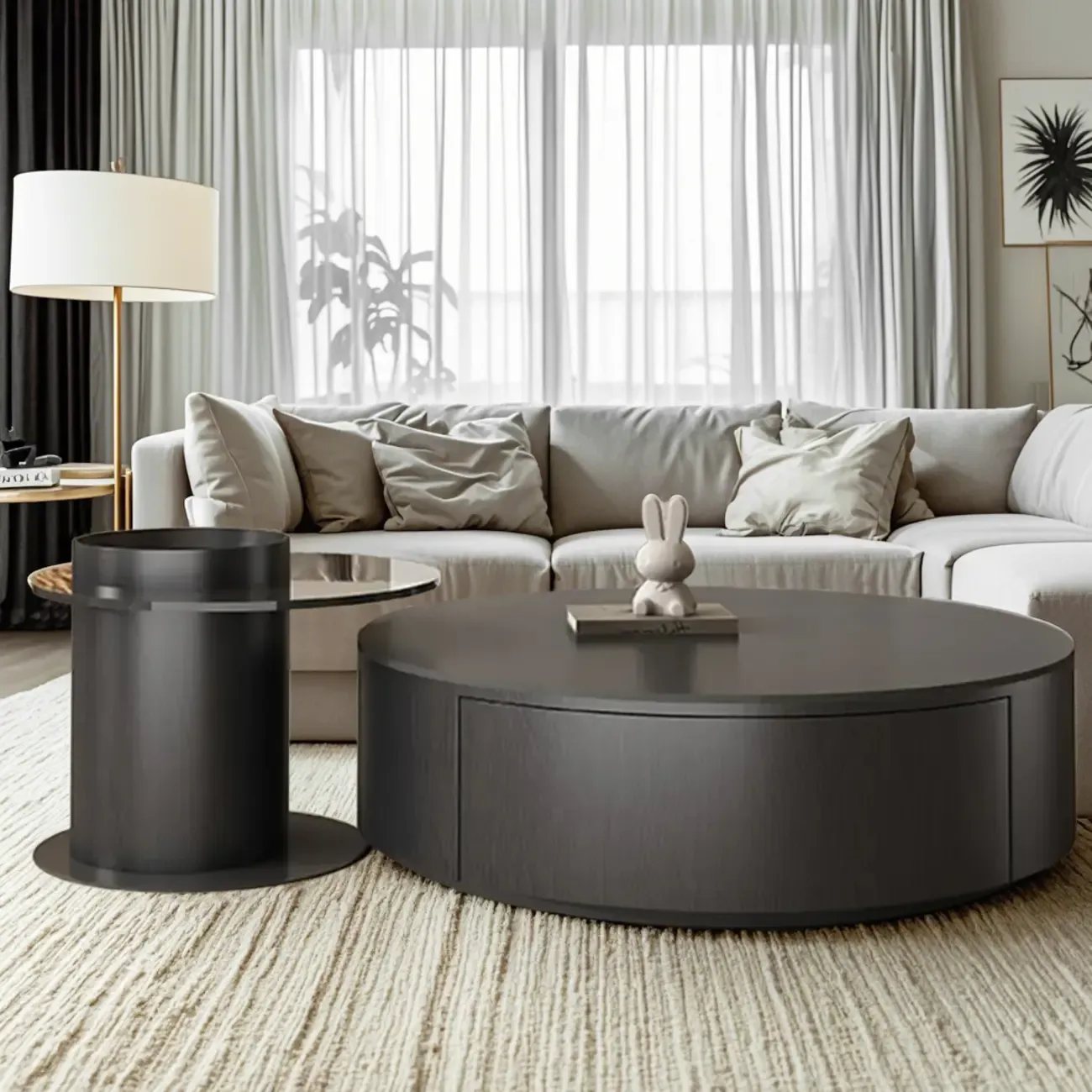 Black Modern Sleek Nesting Round Wood Drawer Coffee Table