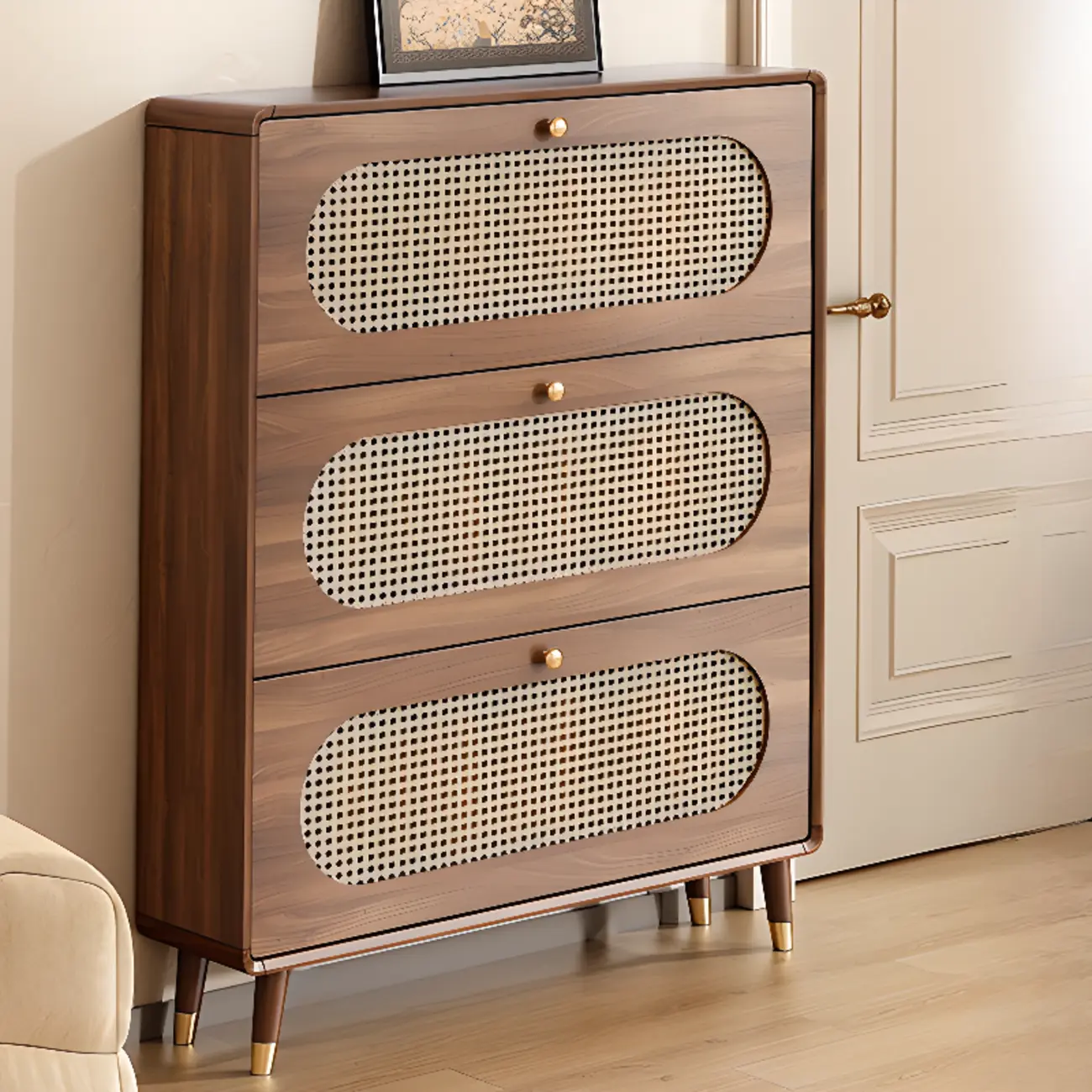 Bohemian Slim Brown Drop-Front Wood Shoe Cabinet