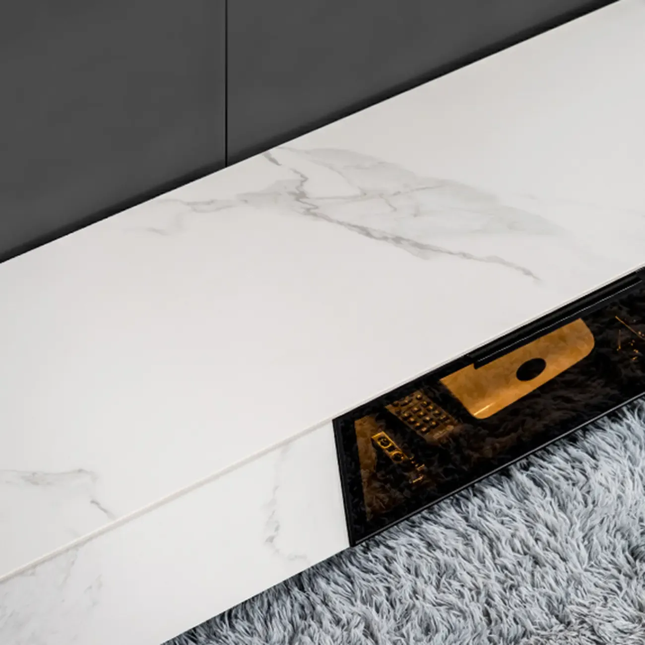 Black Modern Stone Rectangle Drawers TV Stand with LED Lights