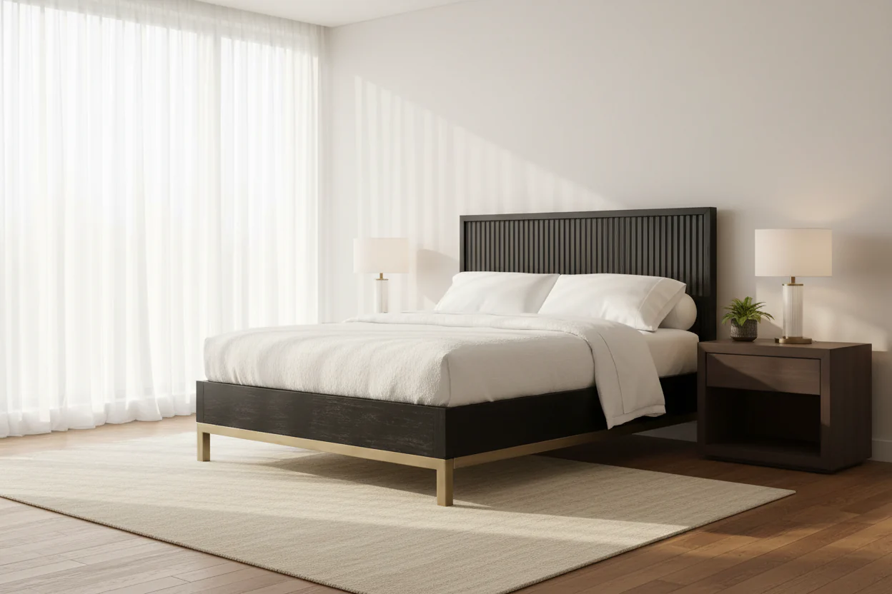 Large Platform Bed With Molded Ribbed Headboard — Black