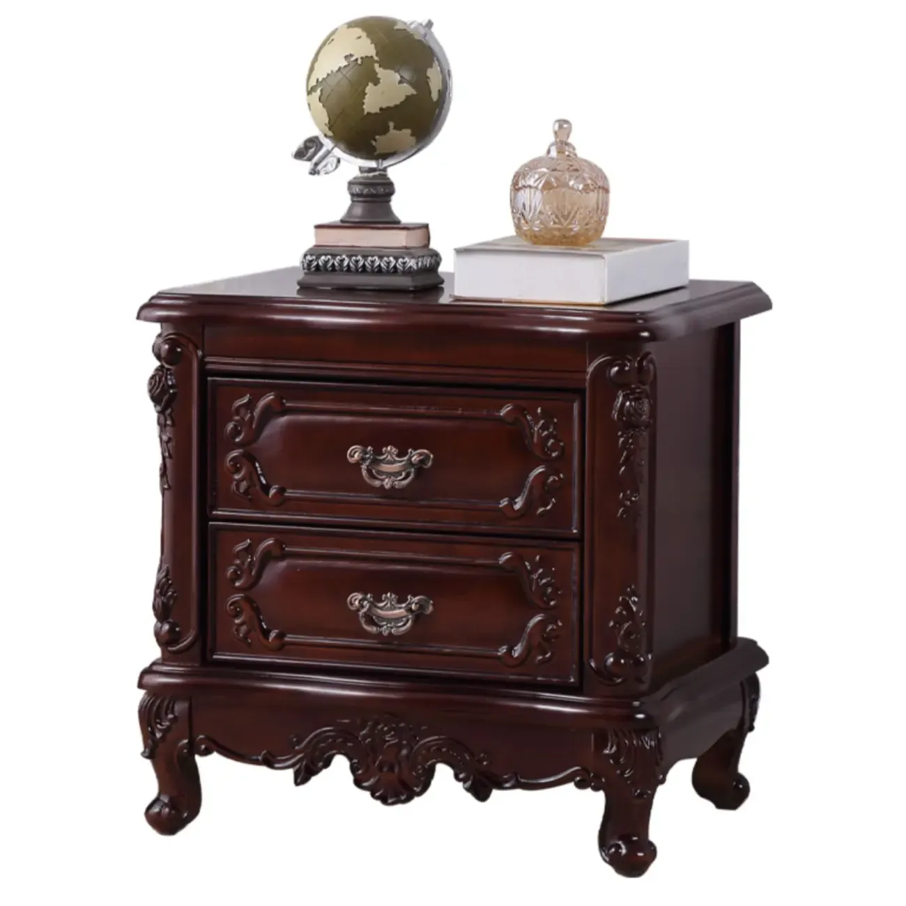 Traditional Carved Wood 2-Drawer Nightstand