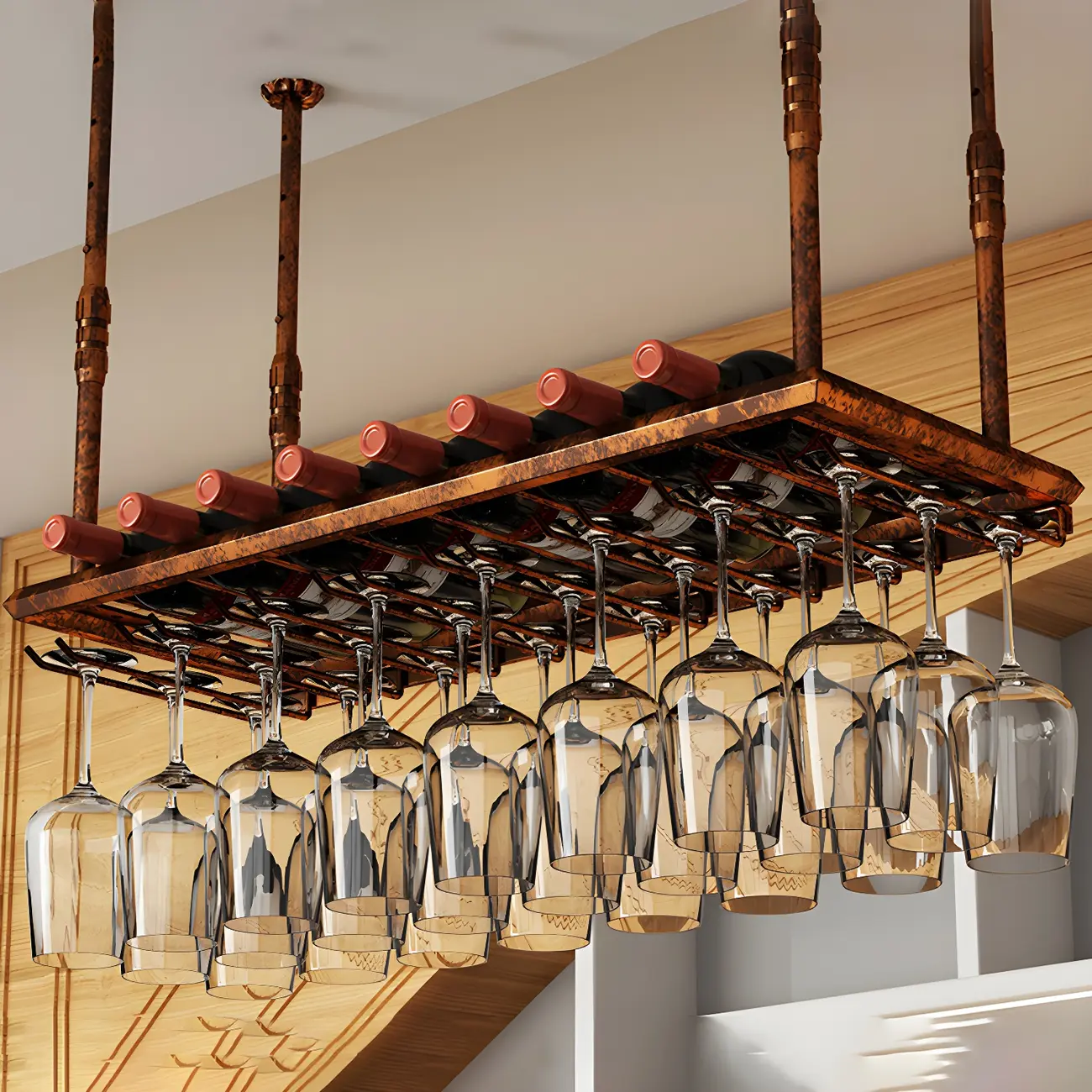 Industrial Metal Hanging Wine Rack with Glass Holder