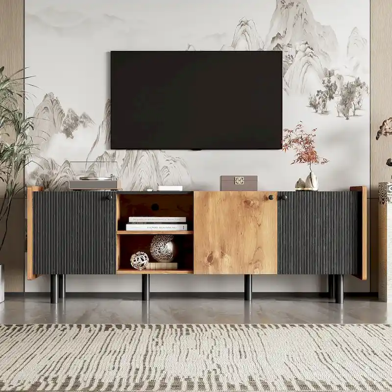 Mid Century TV Stand with 3 Cabinets, Media Console Table for TVs up to 70, Entertainment Center with Storage