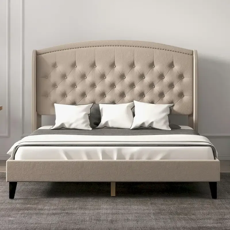 Upholsted Bed Frame with Wingback Headboard, Full Size