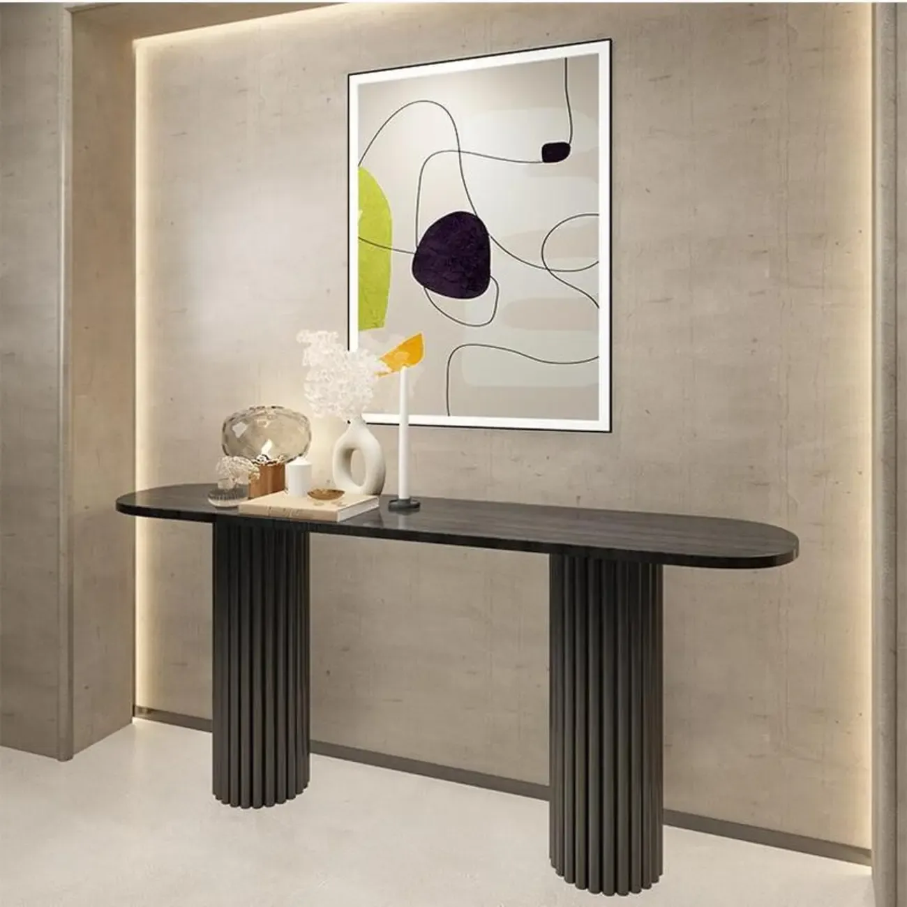 Natural Oval Wooden Double Pedestal Console Table