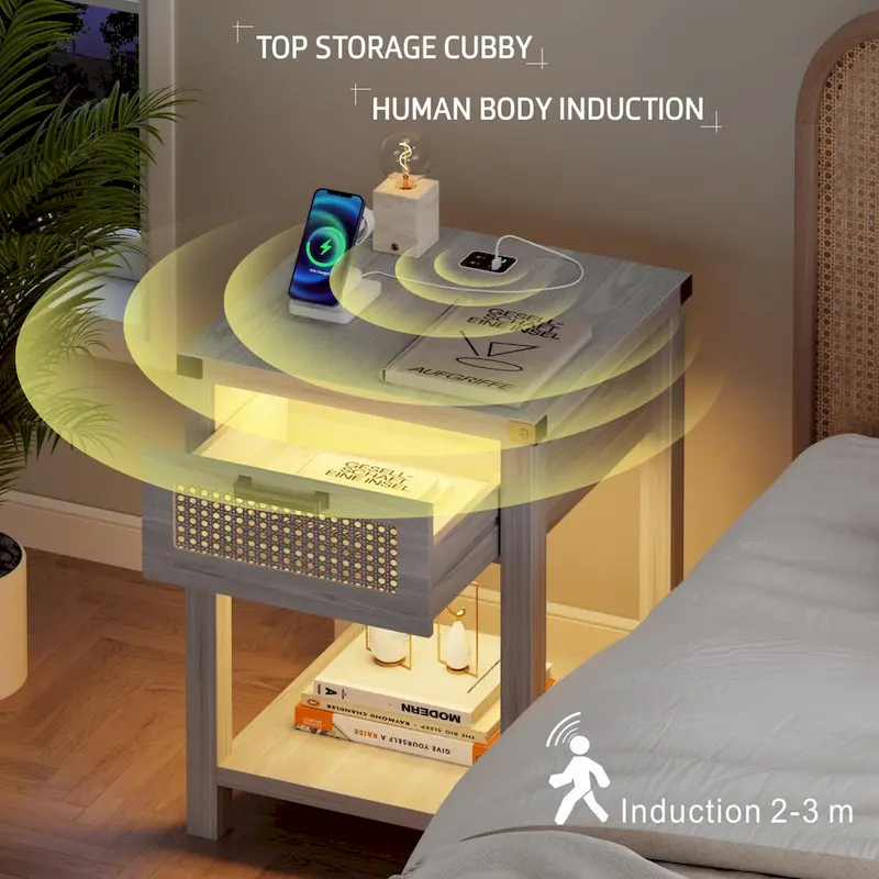 End Table - LED Light, USB & Type-C Charging, Motion Sensor, Rattan Drawer, Farmhouse, 150 lbs
