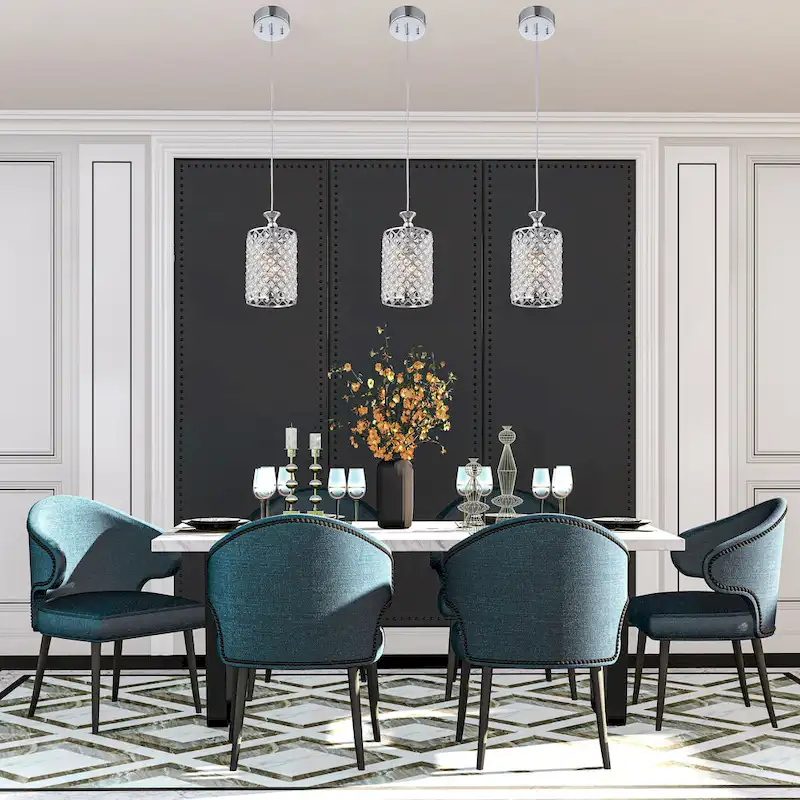 Chrome 1-Light Round Beaded Drum Pendant with Crystals