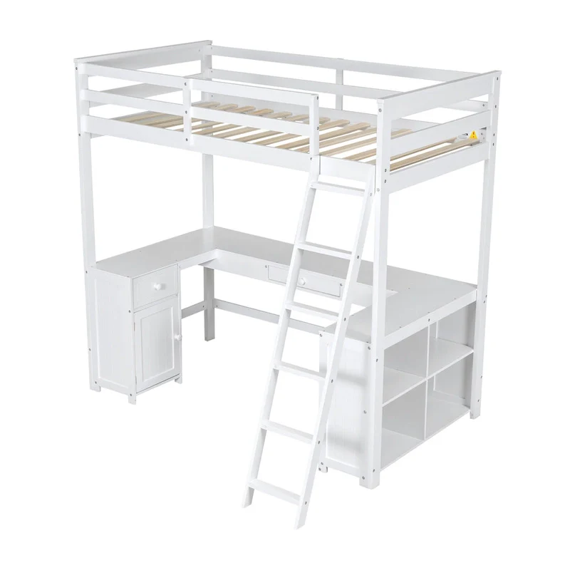 White Twin Size Solid Wood Loft Bed with Desk, Blackboard, Storage Box, Shelf and 3 Drawers