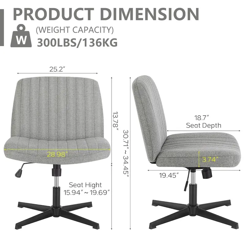 Criss Cross Legged Office, Wide Comfty Desk, Wheels Armless Computer Task, Swivel Vanity Home Chair, Height Adjustable