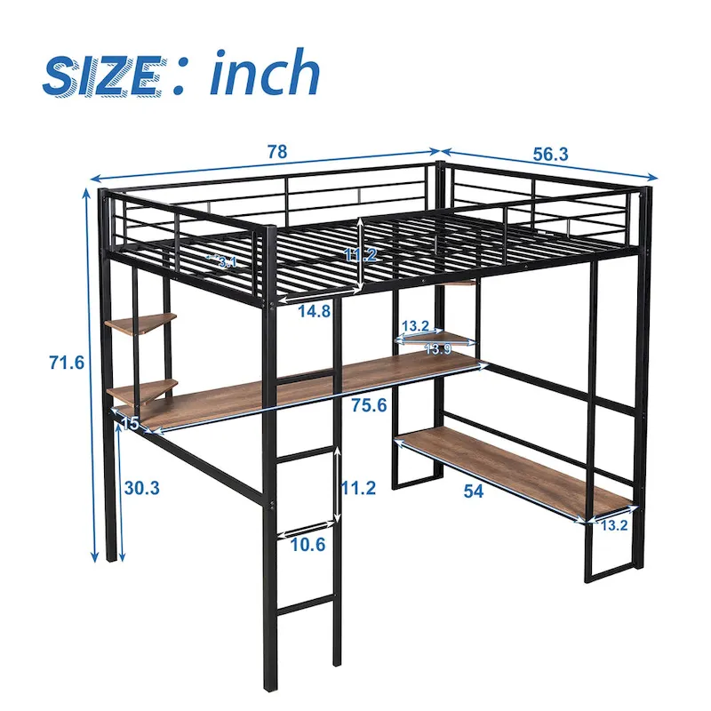 Full Metal Loft Bed with Long Desk & Shelves