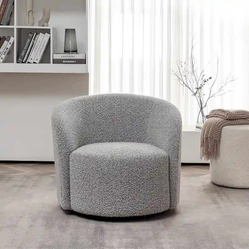 KINWELL 34 W Upholstered Boucle Swivel Barrel Accent Chair