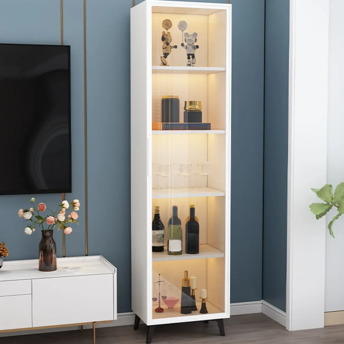 Compact Freestanding Enclosed Wooden Glass Curio Cabinet