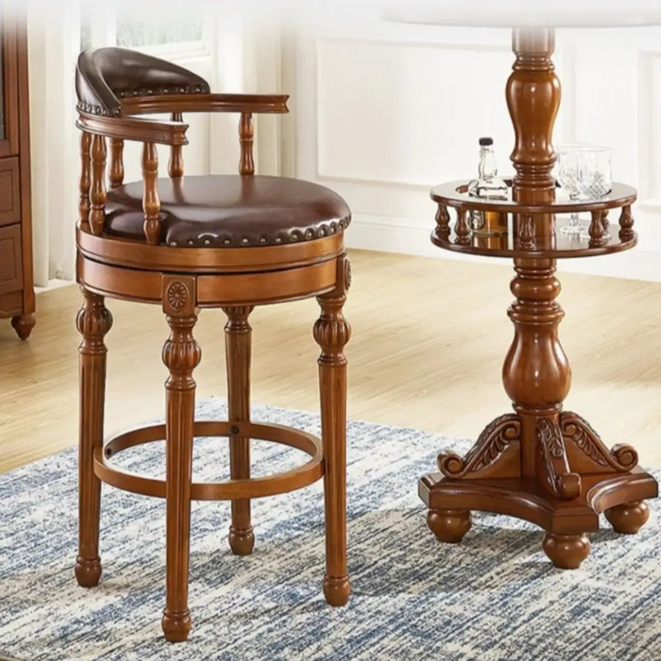 Traditional Brown Rubberwood Cushioned Bar Stools