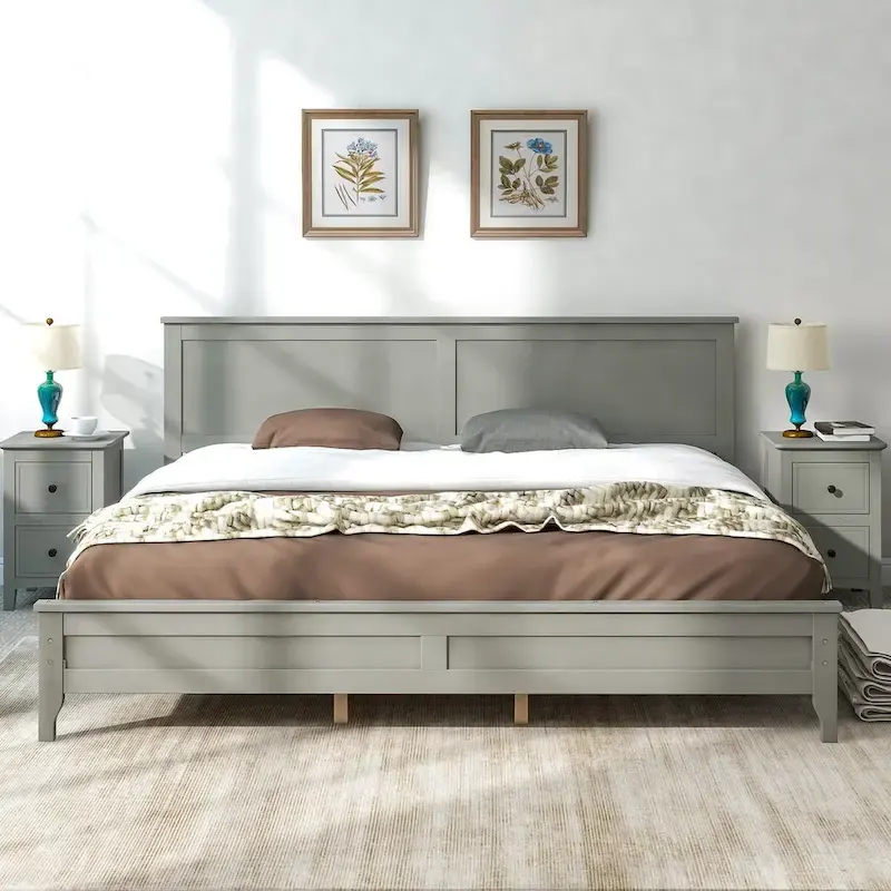 King Platform Bed in  Gray Pine Wood - Simple Slat Design, Elegant, High Load Capacity