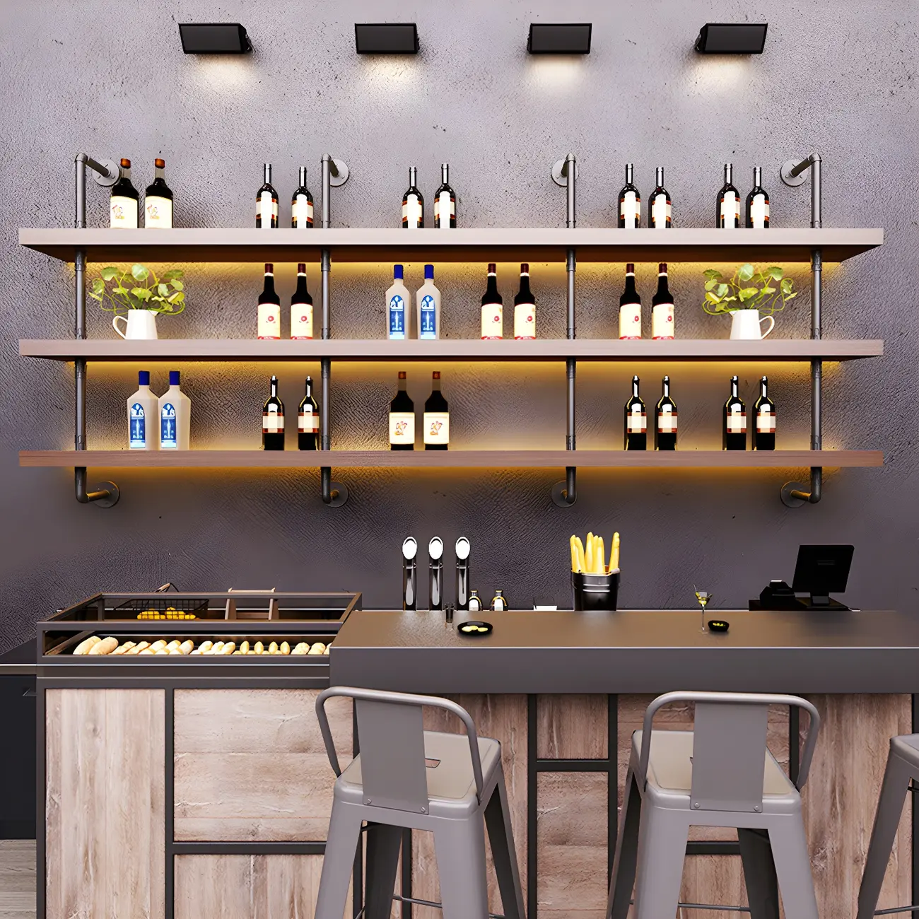 Brown Pine Wood Wall-Mounted Wine Rack with Light