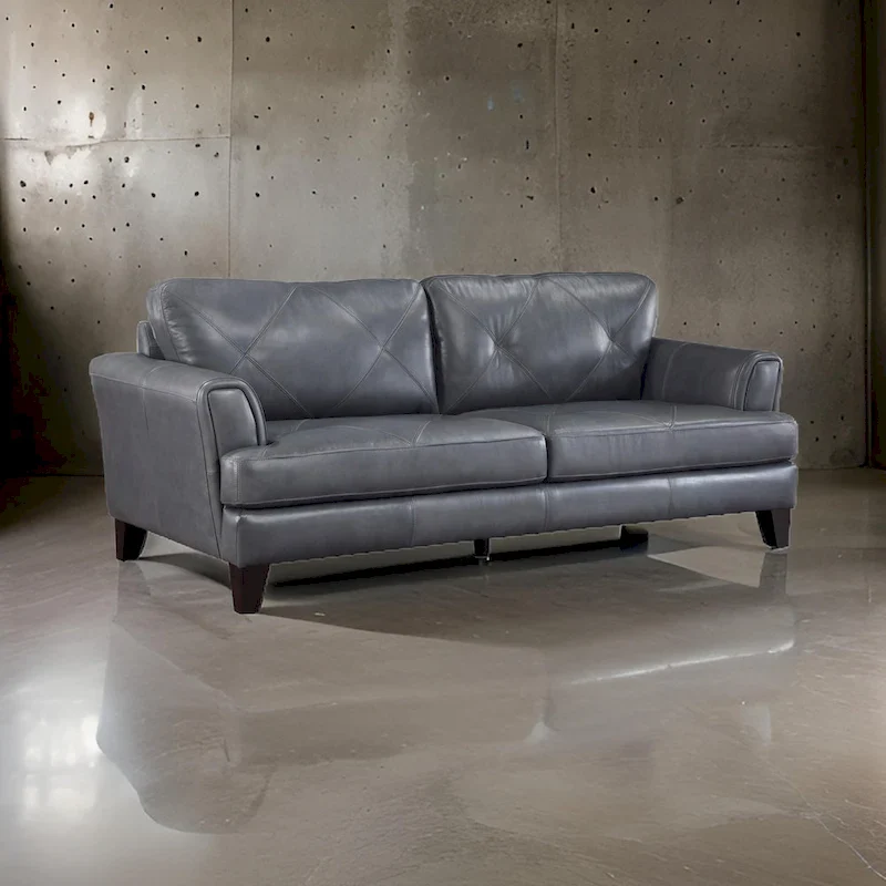 88 Inch Sofa, Gray Top Grain and Split Leather, Brown Solid Wood