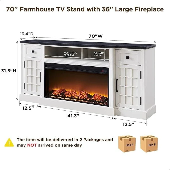 Black/Brown/White Farmhouse Electric Fireplace TV Stand, Fits 80