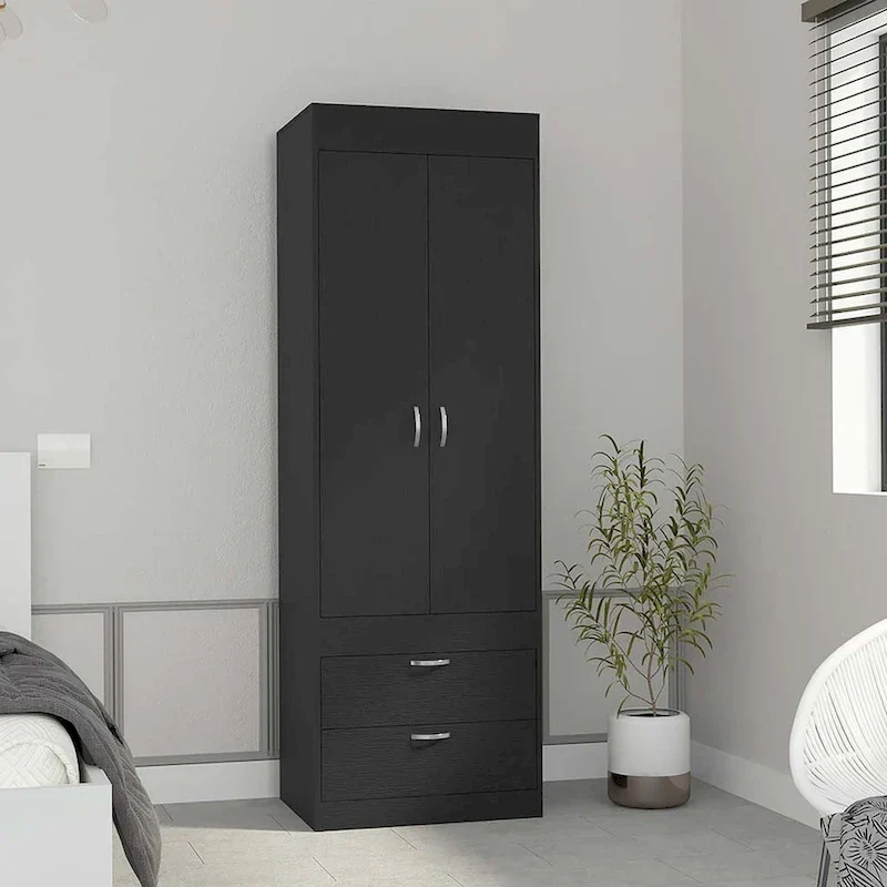 18.9 Modern Double-door Armoire with Two Bottom Drawers and Hanging Rod for Bedroom