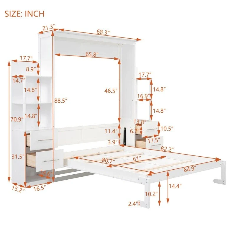 Queen Size Murphy Bed Wall Bed with Shelves, Drawers and LED Lights