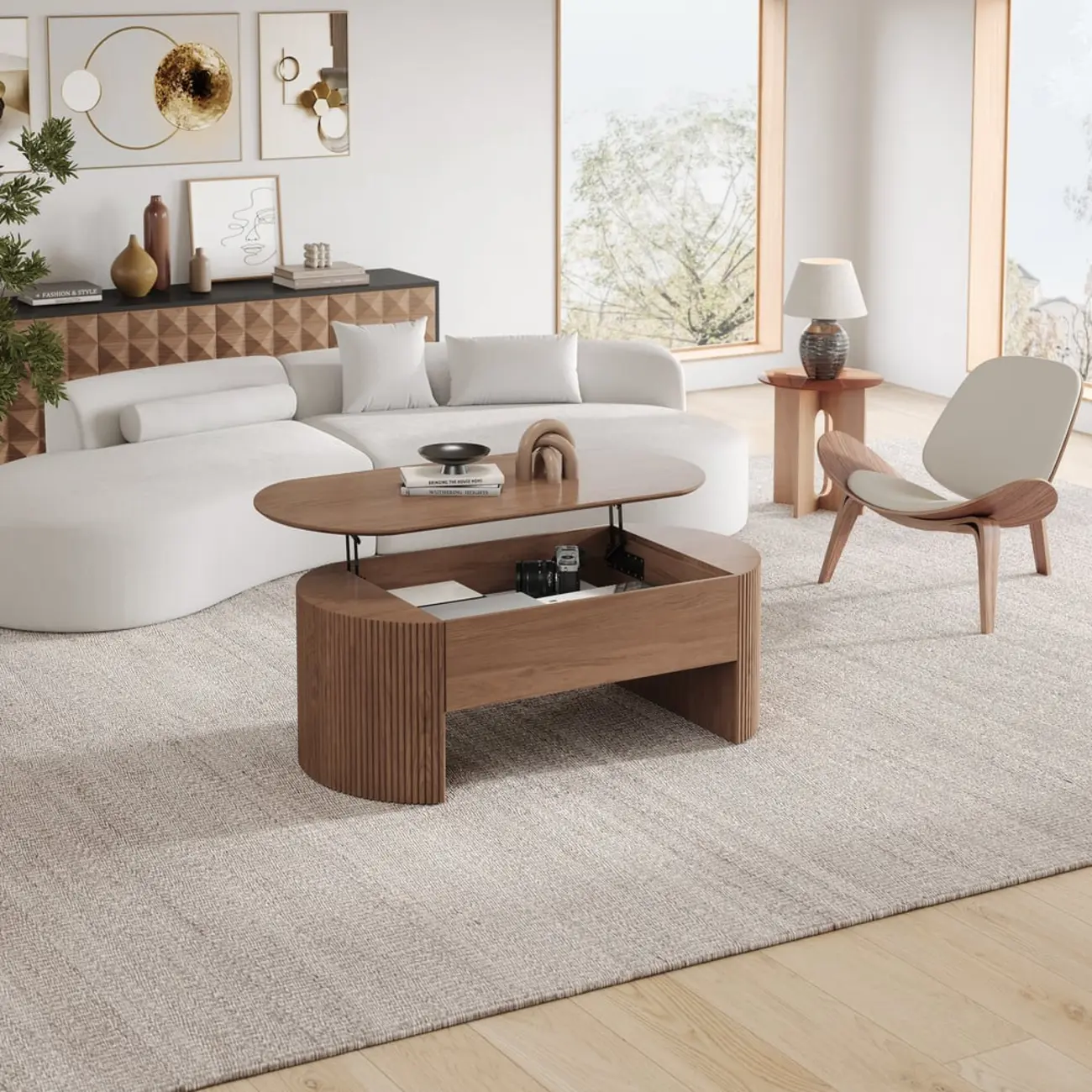 Mid-Century Modern Oval Wooden Lift-Top Coffee Table