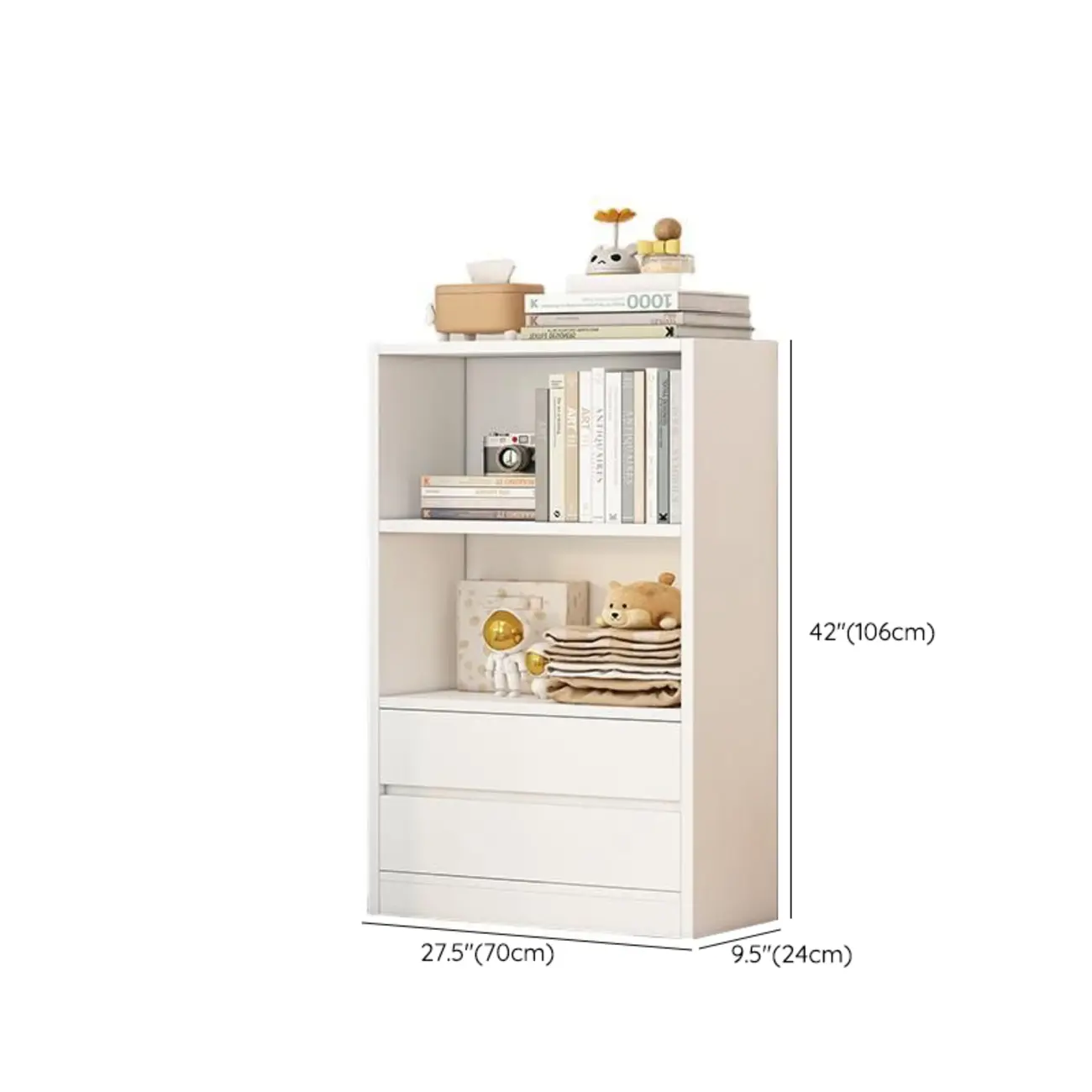 Simple Wooden White 3-Tier Bookcase with Drawers