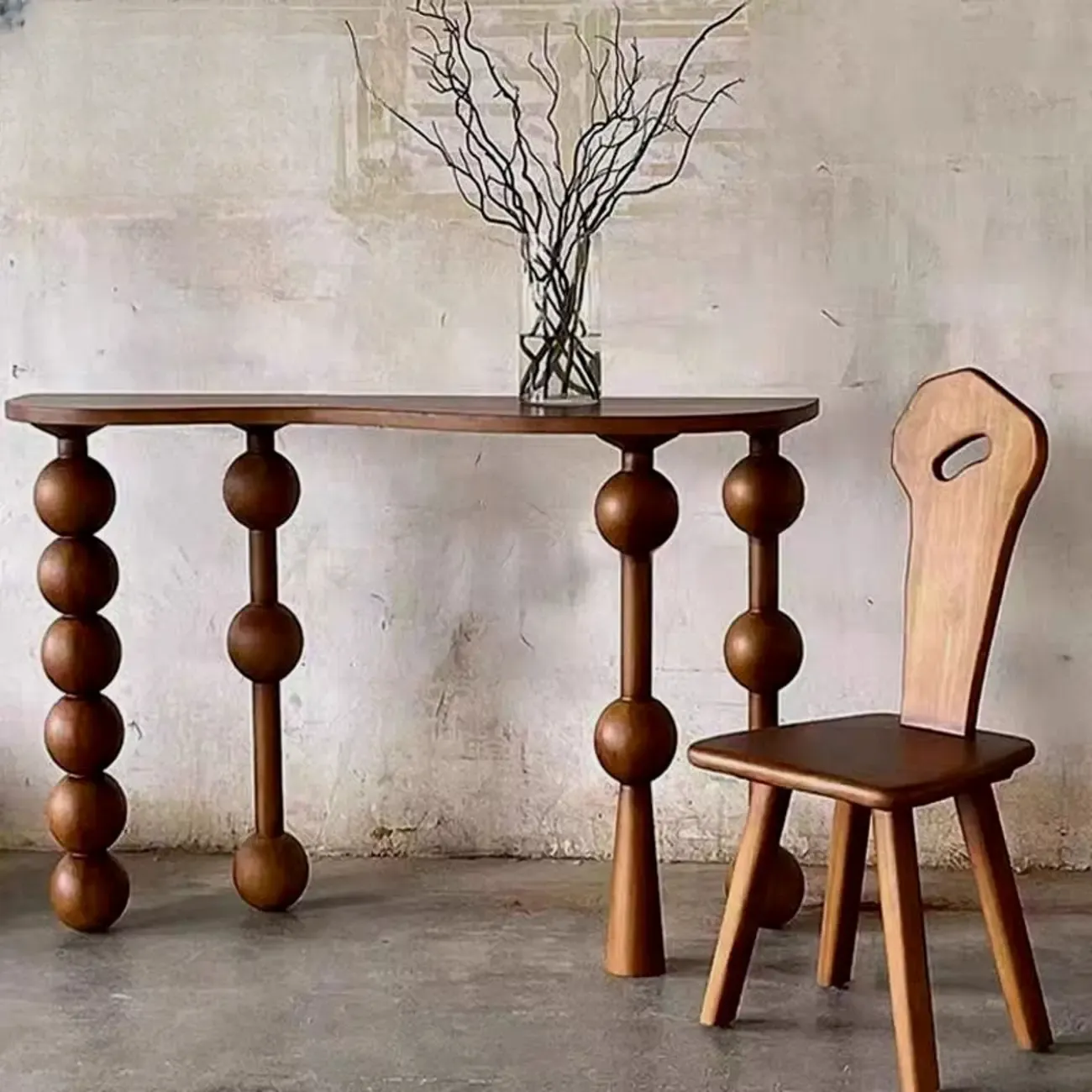 Artistic Walnut Wood Turned Leg Entry Console Table