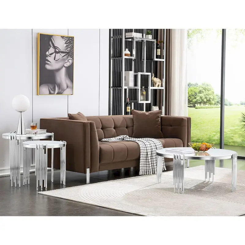 Round Tempered Glass Coffee Table with 3 Tiers 360 Degrees Rotating Top