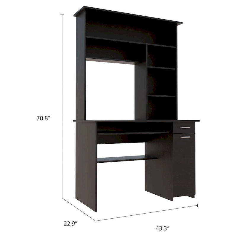 Compu 180 Hutch Desk with 5 Shelves, Retractable Keyboard Tray, CPU Panel, and Drawer