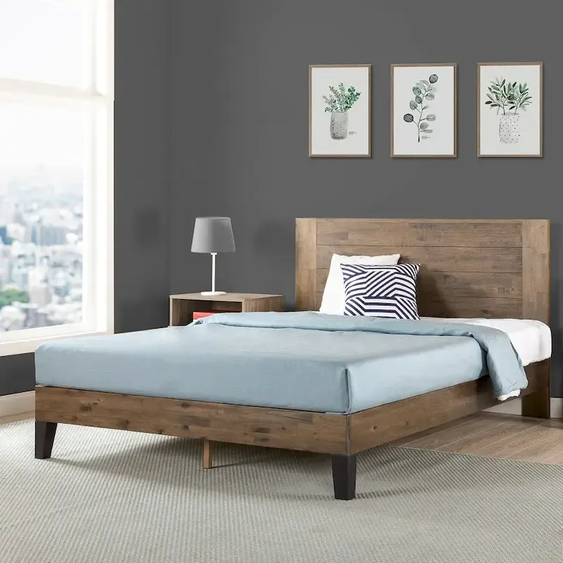 Wood Platform Bed Frame with Headboard, Brown, Modern, Seats 1-2, Twin/Full/Queen/King