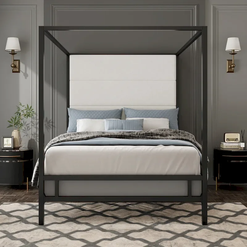 Sleek Modern Metal Canopy Bed with Tall Linen Upholstered Headboard