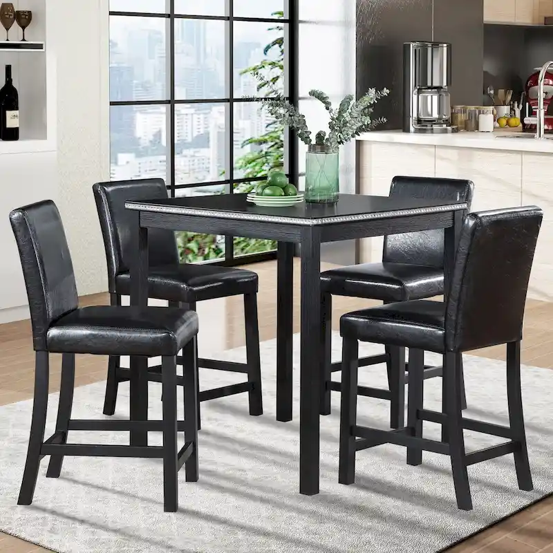 5 Pcs Counter Height Dining Table Set, Wooden Diningroom Furniture Set with Square Table and 4 Upholstered Chairs