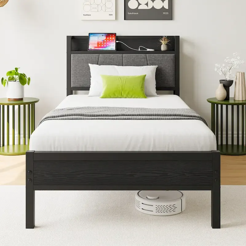 Grey Metal & Wood Twin Platform Bed Frame with Storage Headboard and Charging Station