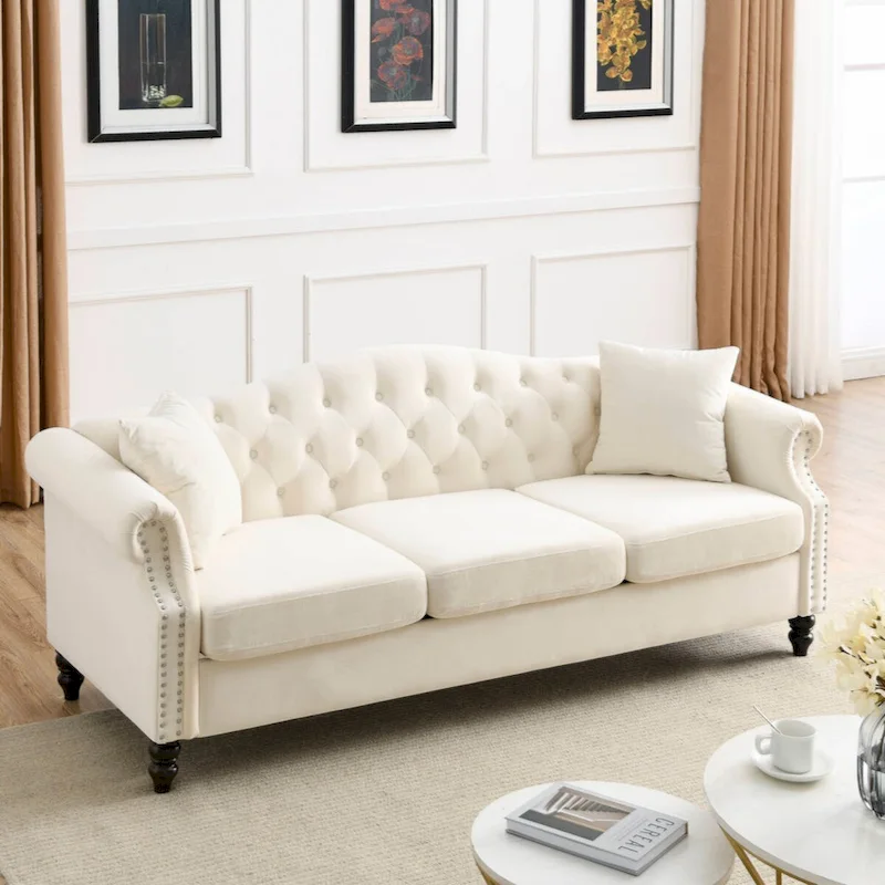 79 Chesterfield Sofa Grey Velvet for Living Room, 3 Seater Sofa Tufted Couch with Rolled Arms and Nailhead