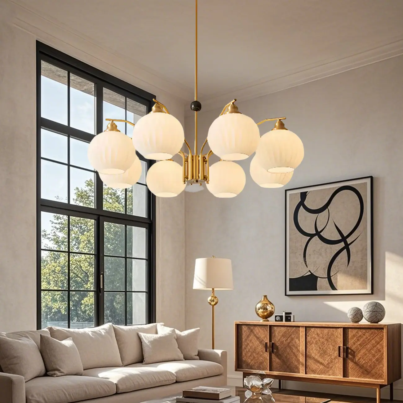 Modern 8-light Glass Globe Chandelier with Adjustable Height