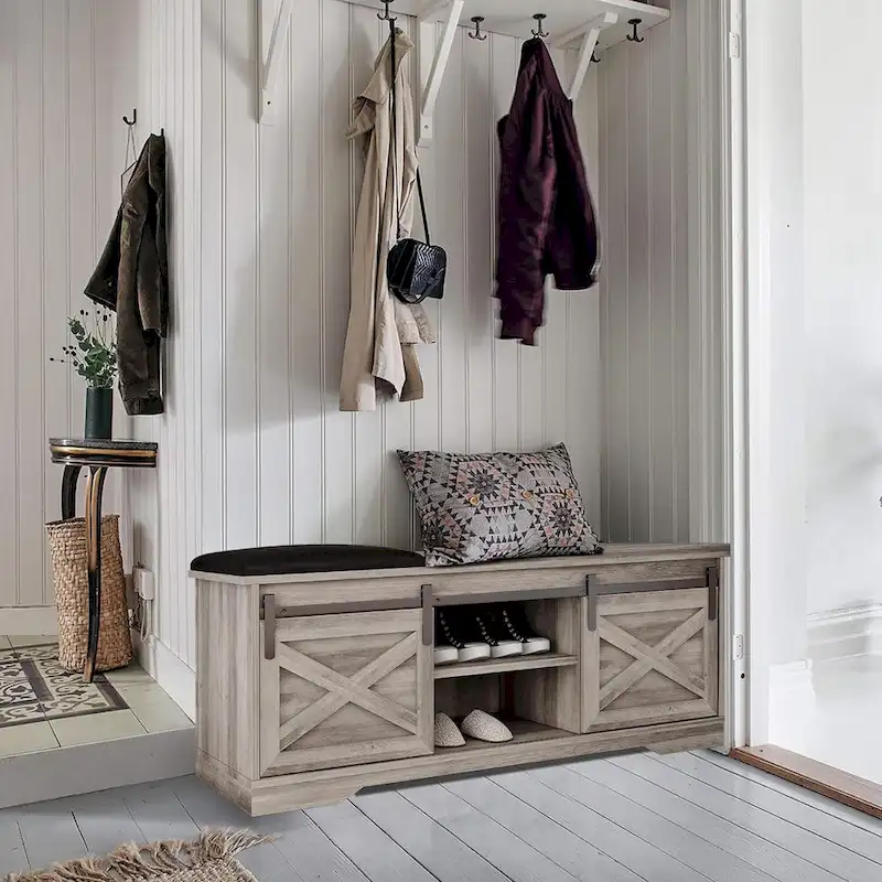 White Shoe Bench Entryway with Storage, Modern Shoe Bench with Sliding X Barn Door - 47.24'x 15.35'x 17.72'