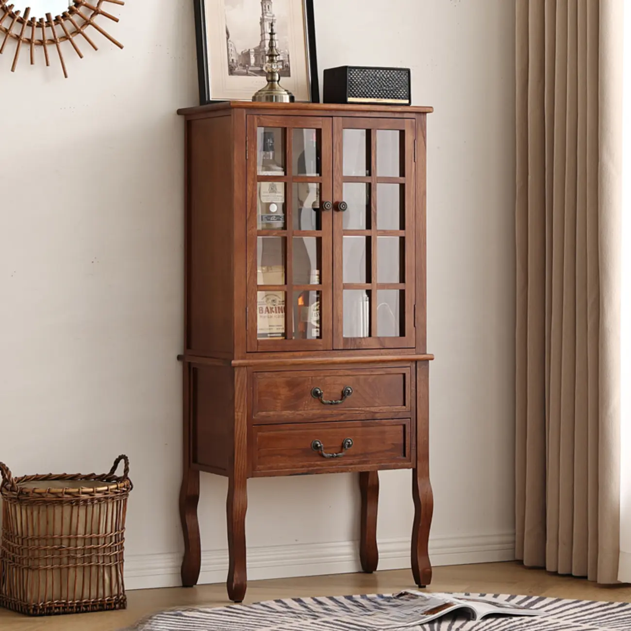 Brown Wooden China Cabinet with Glass Doors