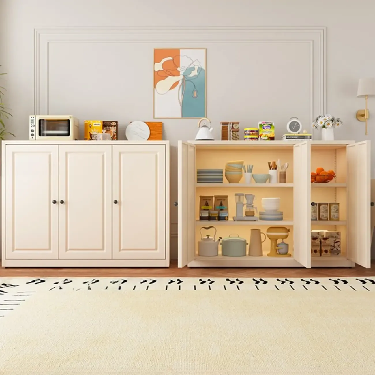 Narrow Metal White Buffet Cabinet with Drawer