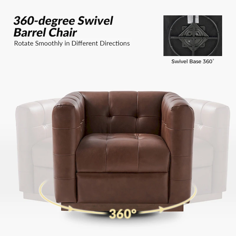 JeremiasMid-certury Modern GenuineLeatherTufted SwivelClubChair with Wooden Apron by HULALA HOME