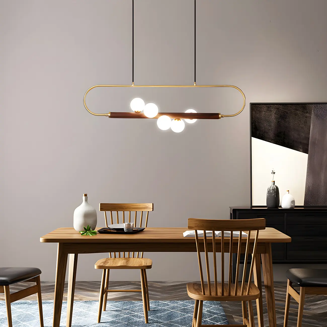 Modern Brass Wood Linear Island Pendant Light