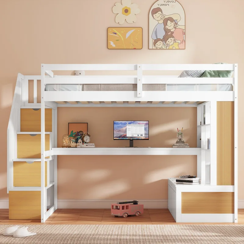 Natural+White Full Size Solid Wood Loft Bed with Desk, Shelves, and Drawers